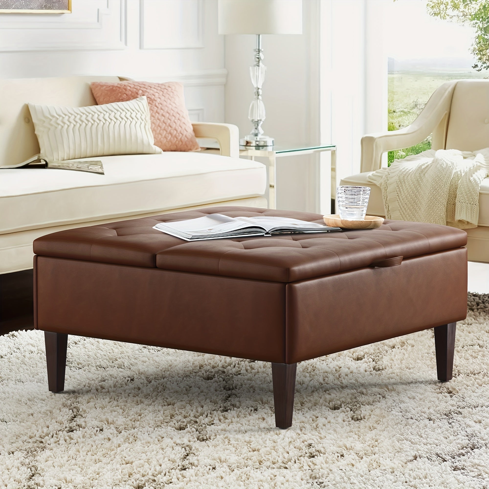 Spacious 36" Faux Leather Storage Ottoman Coffee Table