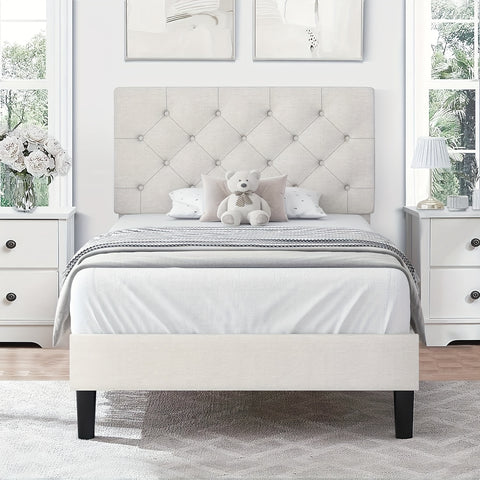Elegant Grey Linen Upholstered Bed Frame with Tufted Headboard