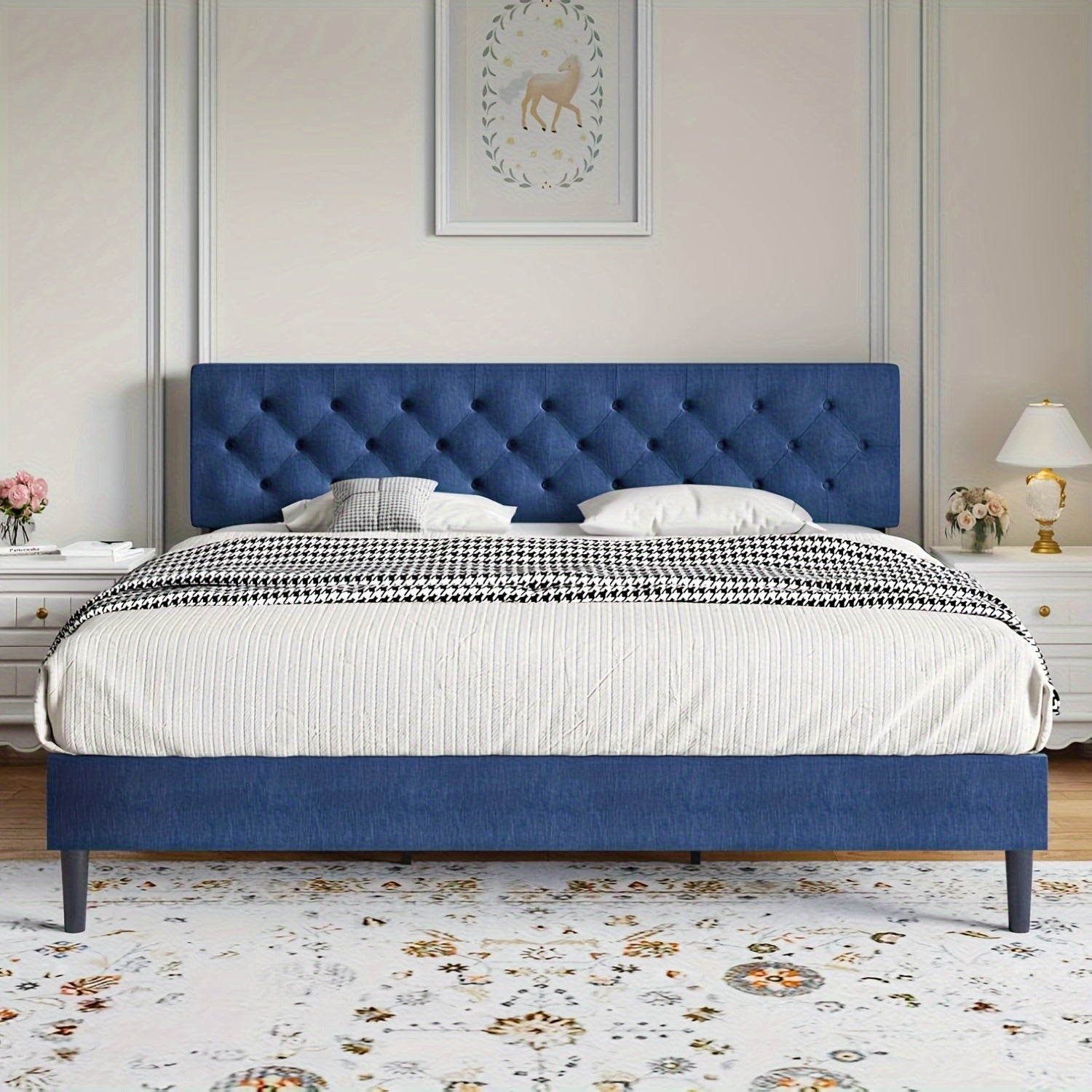 Elegant Grey Linen Upholstered Bed Frame with Tufted Headboard