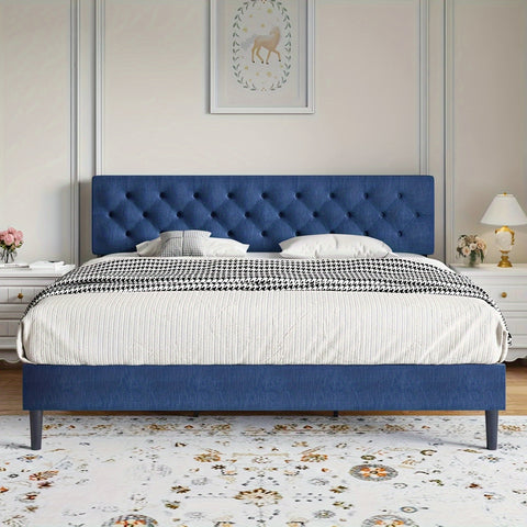 Elegant Grey Linen Upholstered Bed Frame with Tufted Headboard