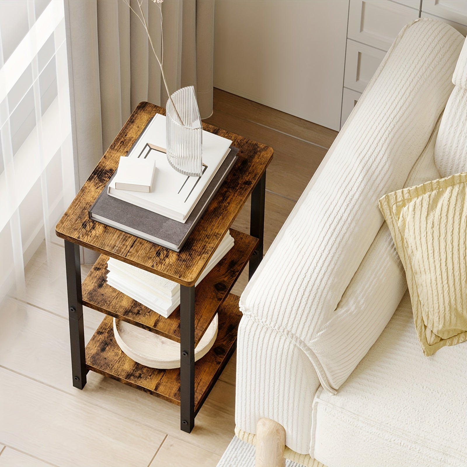 1pc 3-Tier Rustic Brown and Black Side Table