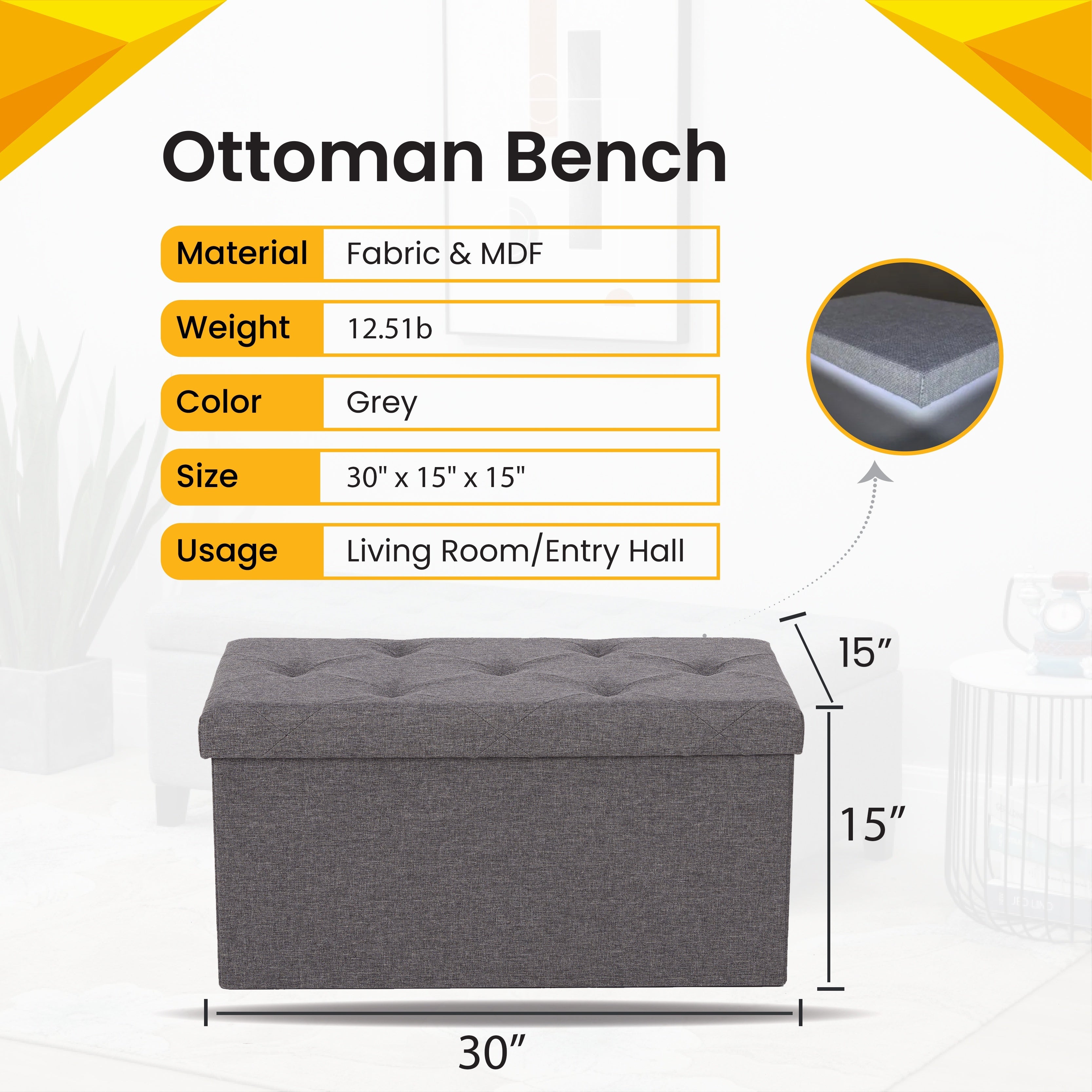 Large 43" Foldable Storage Ottoman Bench