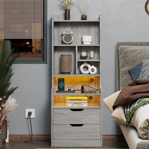 1pcs Tall Nightstand with Charging Station and LED Lights
