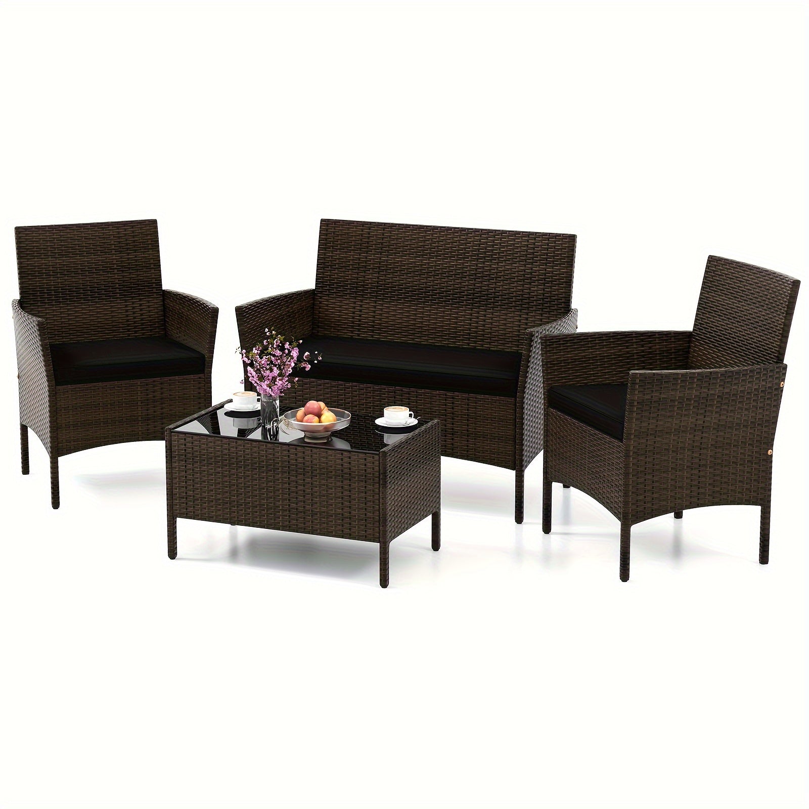 4pcs Patio Furniture Set w/Washable Cushions and Tempered Glass Coffee Table
