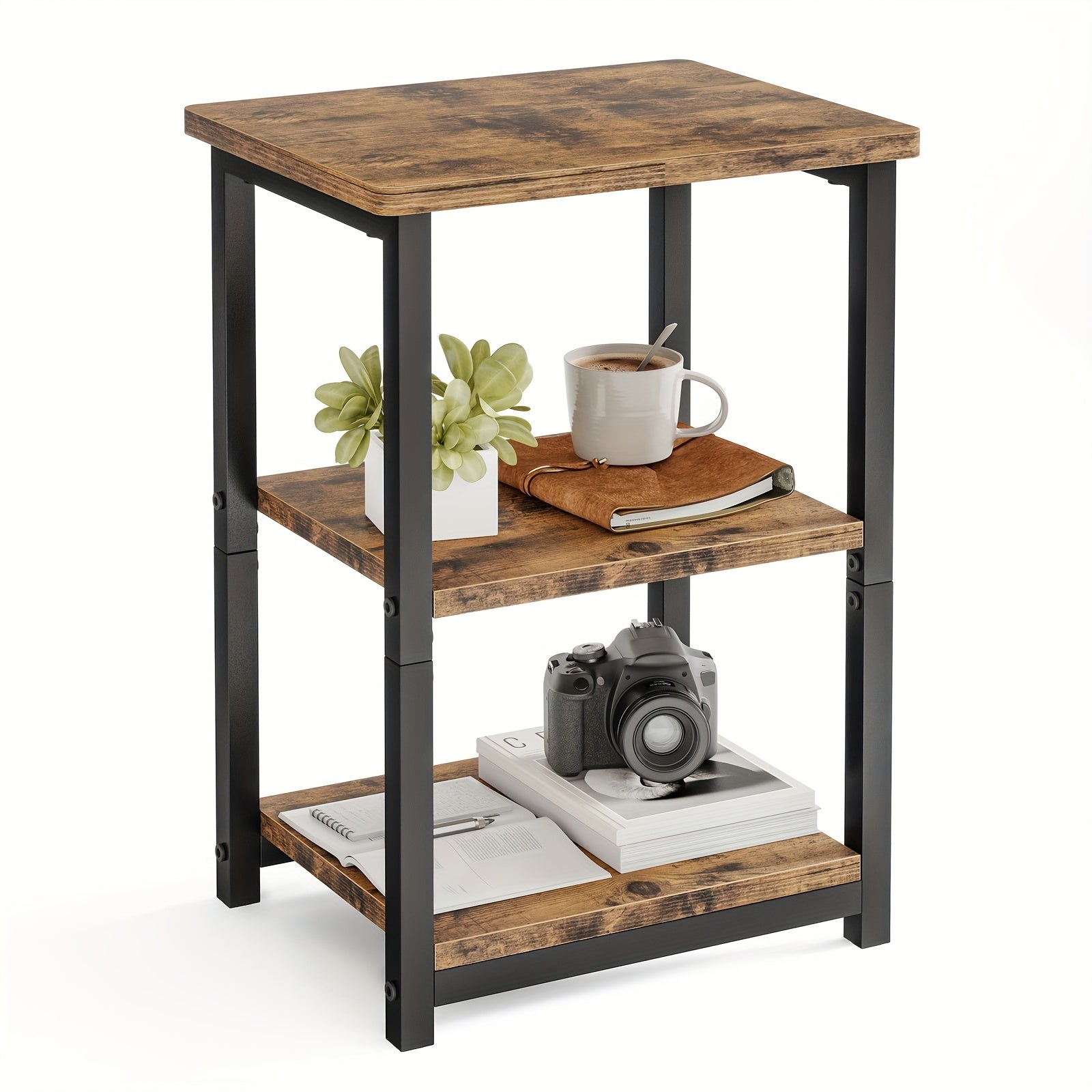 1pc 3-Tier Rustic Brown and Black Side Table