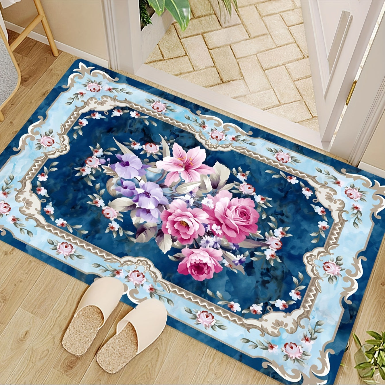 1pc Persian Floral Print Area Rug -