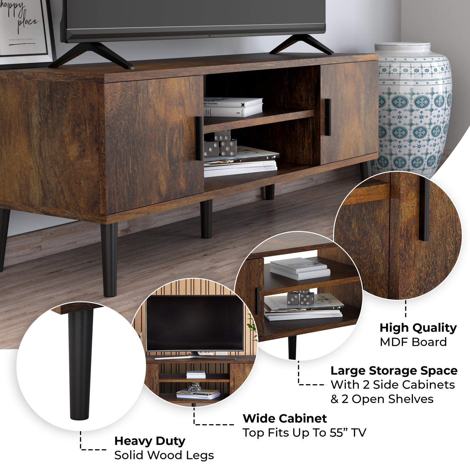 Mid-Century Modern 45" TV Stand with 2 Side Doors