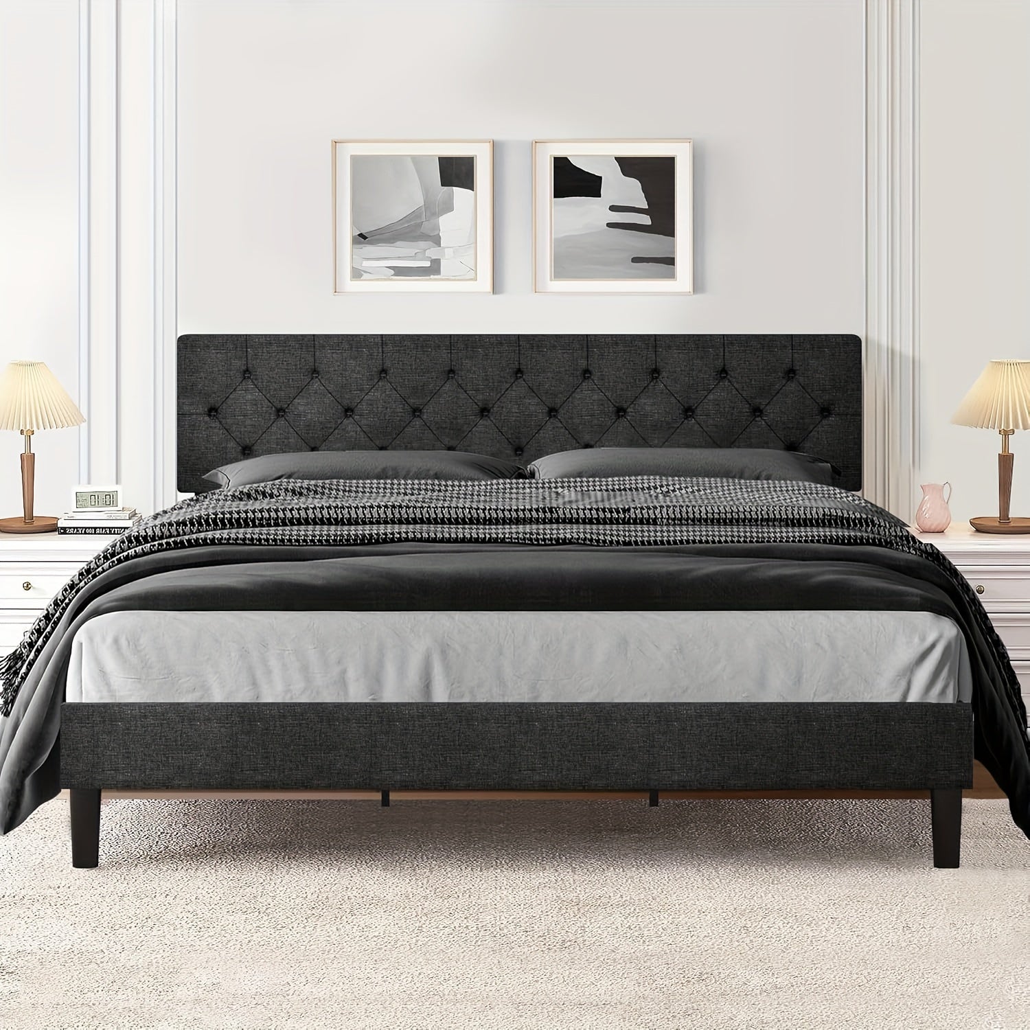 Elegant Grey Linen Upholstered Bed Frame with Tufted Headboard