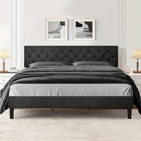 Elegant Grey Linen Upholstered Bed Frame with Tufted Headboard