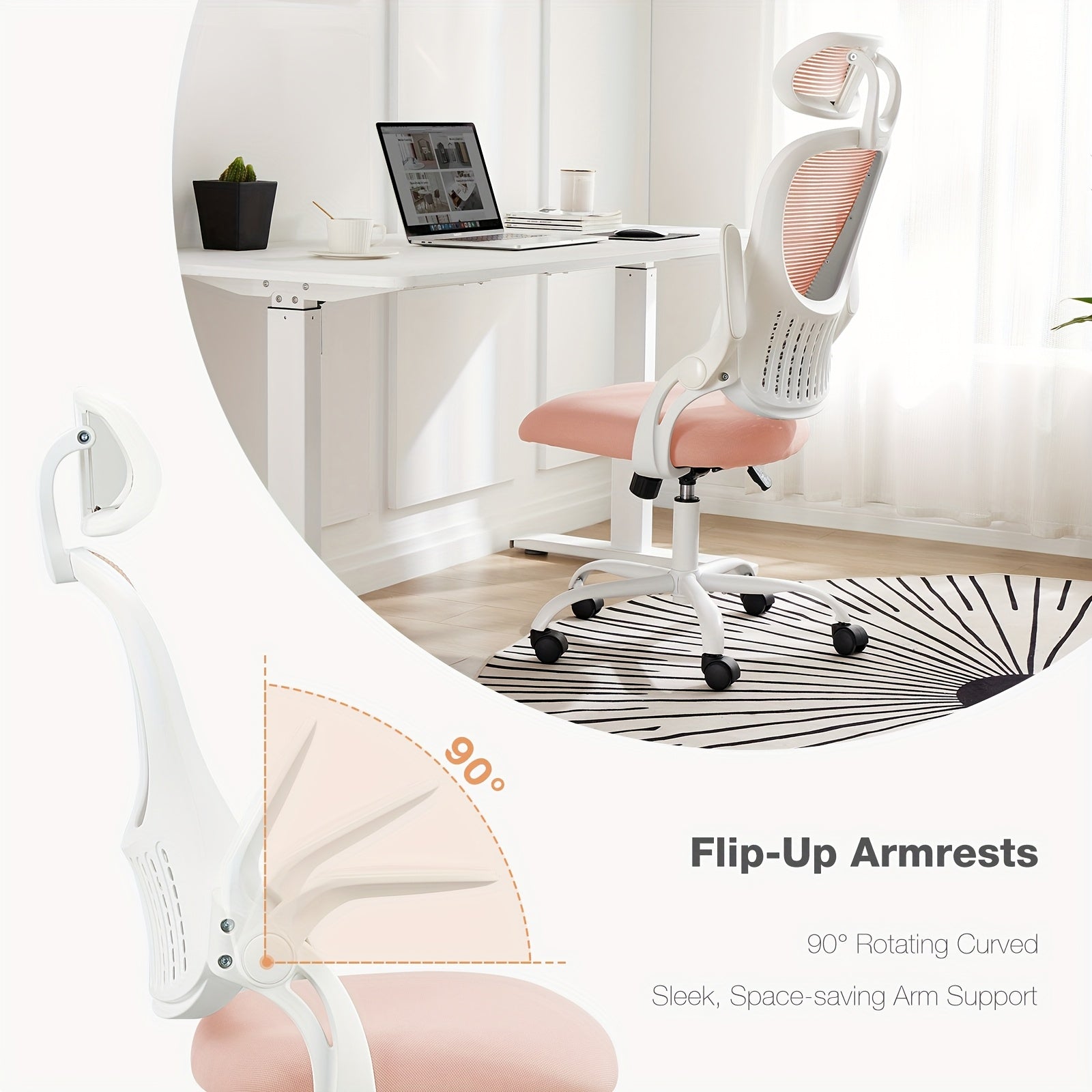 OLIXIS Ergonomic Office Desk Computer Chair, High Back Comfy Swivel Home Gaming Mesh Chairs with Wheels, Adjustable Headrest, Comfortable Lumbar Support, Flip-up Arms, 144° Tilt for Study