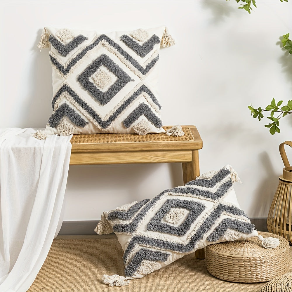 1 Vintage-Inspired Orange & White Geometric Tufted Pillow Cover