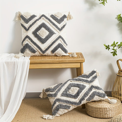 1 Vintage-Inspired Orange & White Geometric Tufted Pillow Cover