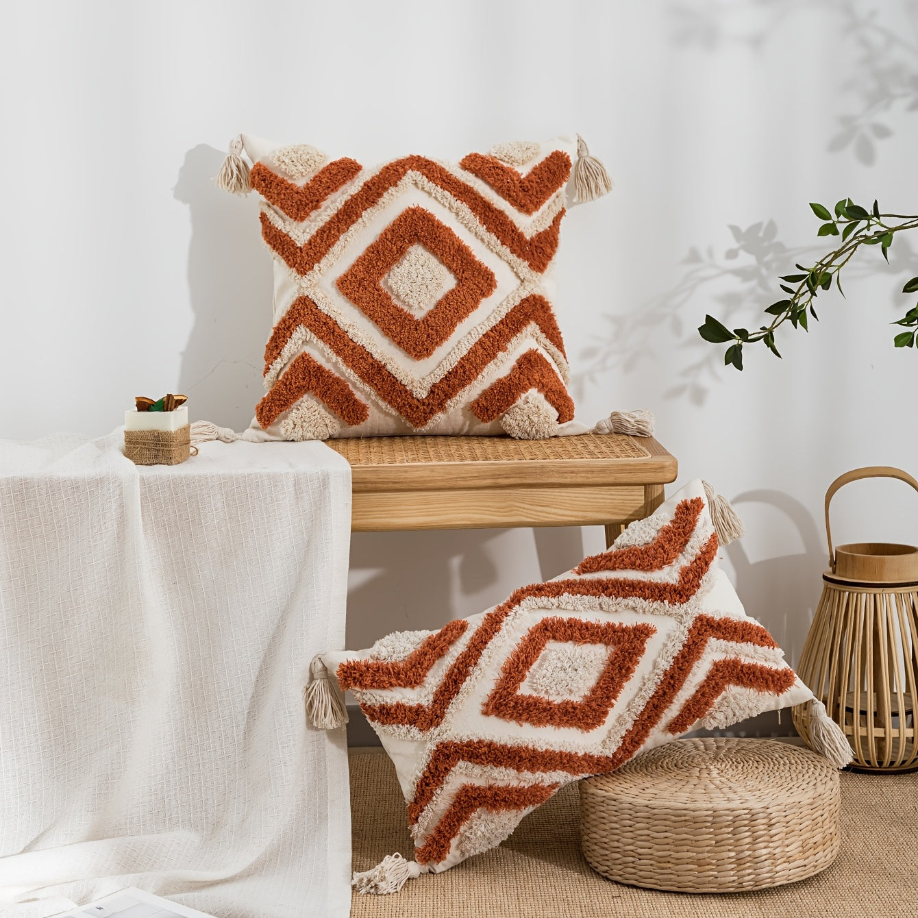 1 Vintage-Inspired Orange & White Geometric Tufted Pillow Cover