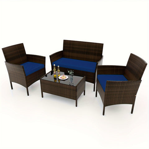 4pcs Patio Furniture Set w/Washable Cushions and Tempered Glass Coffee Table