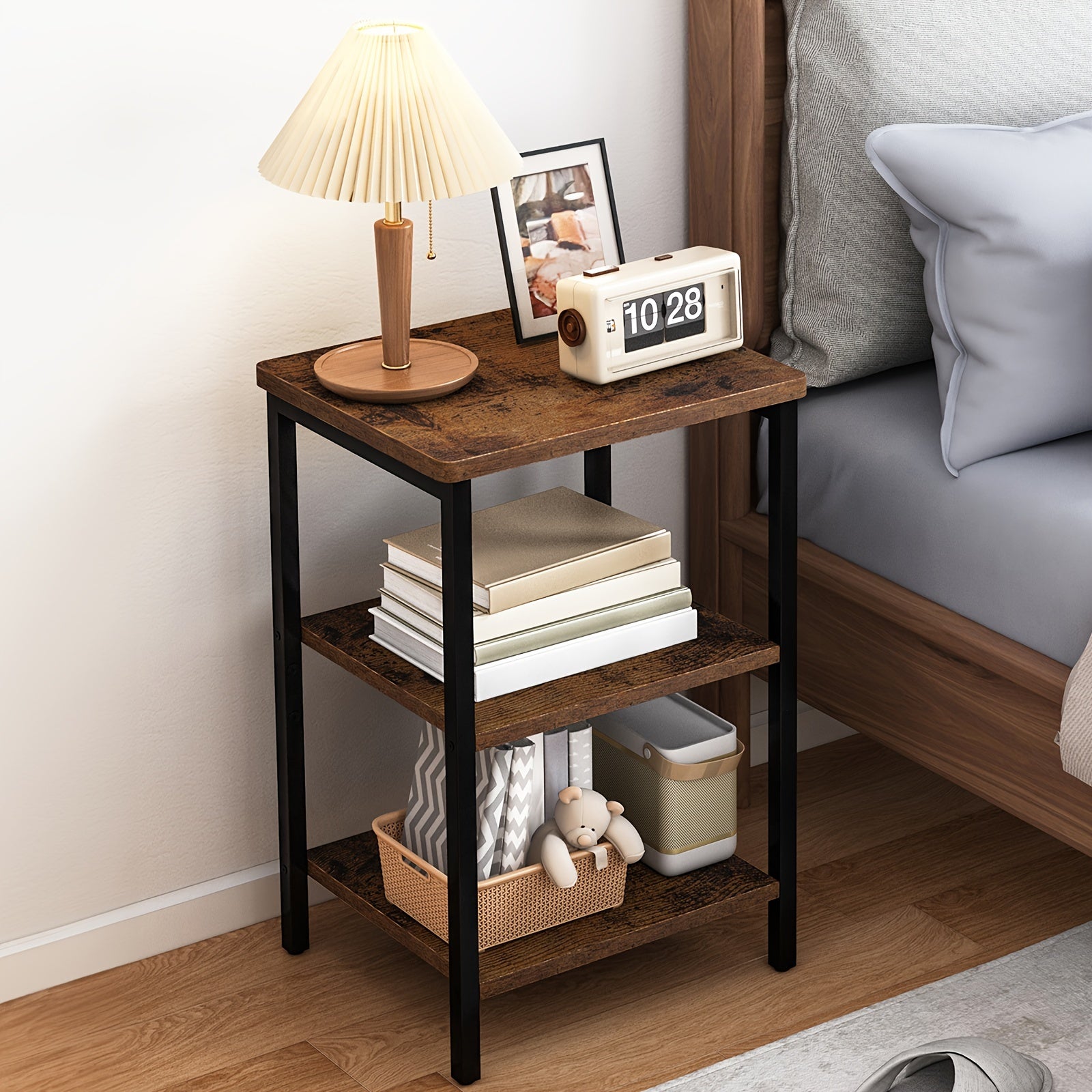 1pc 3-Tier Rustic Brown and Black Side Table