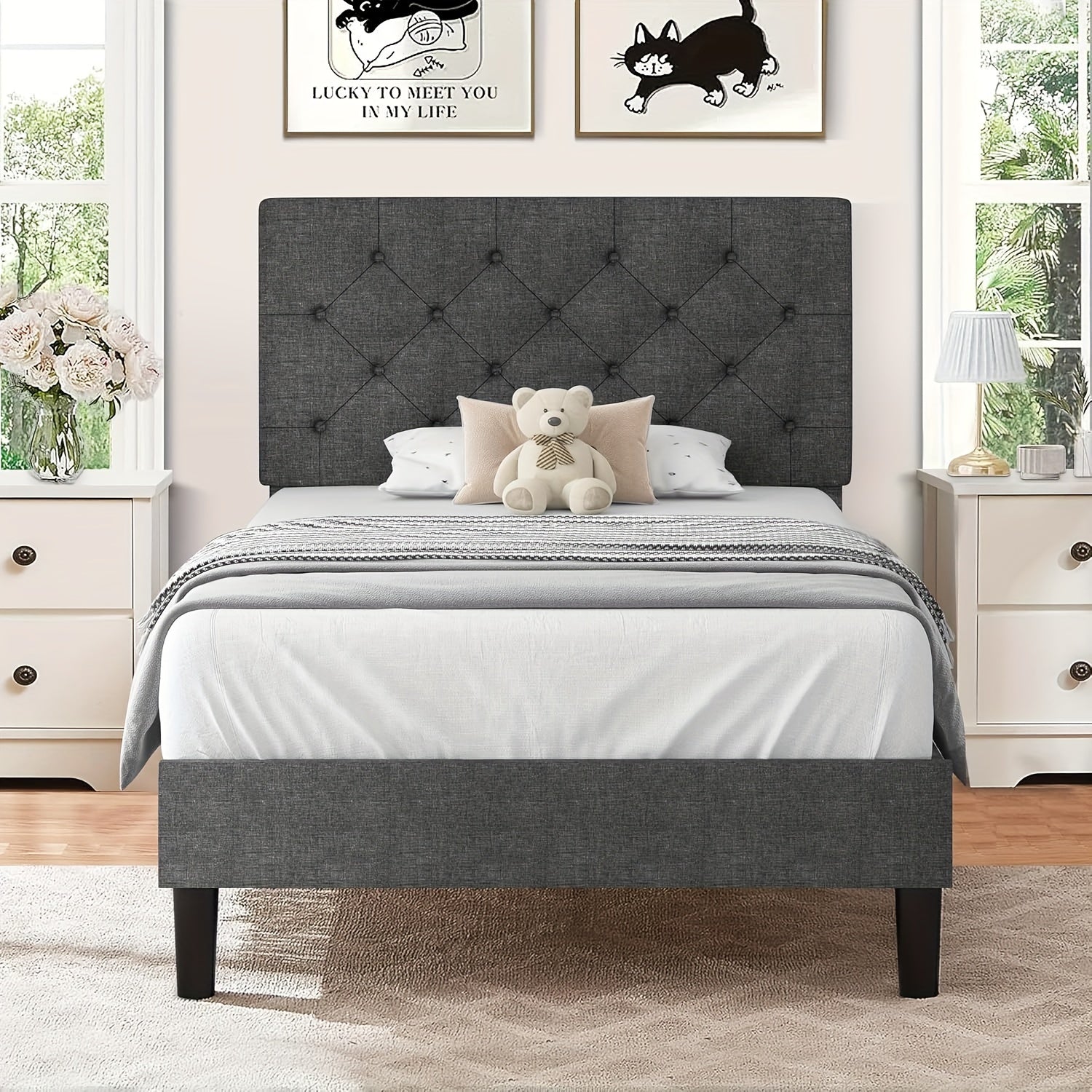 Elegant Grey Linen Upholstered Bed Frame with Tufted Headboard