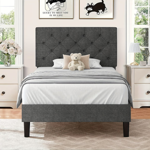 Elegant Grey Linen Upholstered Bed Frame with Tufted Headboard