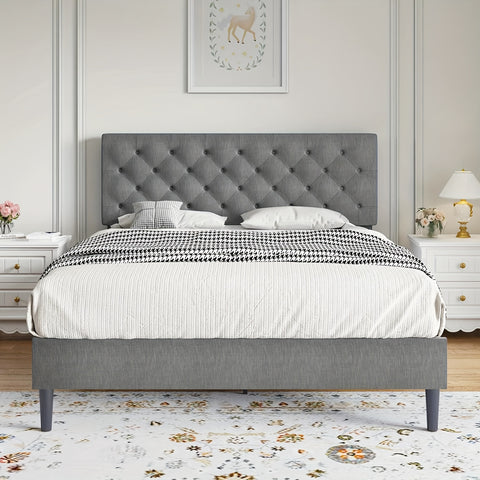 Elegant Grey Linen Upholstered Bed Frame with Tufted Headboard