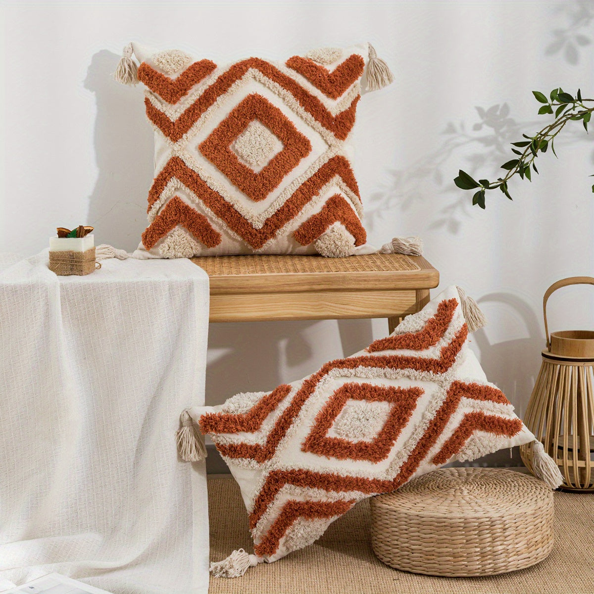 1 Vintage-Inspired Orange & White Geometric Tufted Pillow Cover