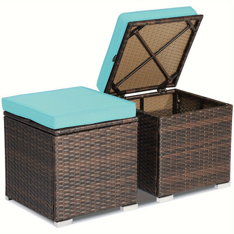 2PCS Patio Rattan Ottomans Seat Side Table Storage Box