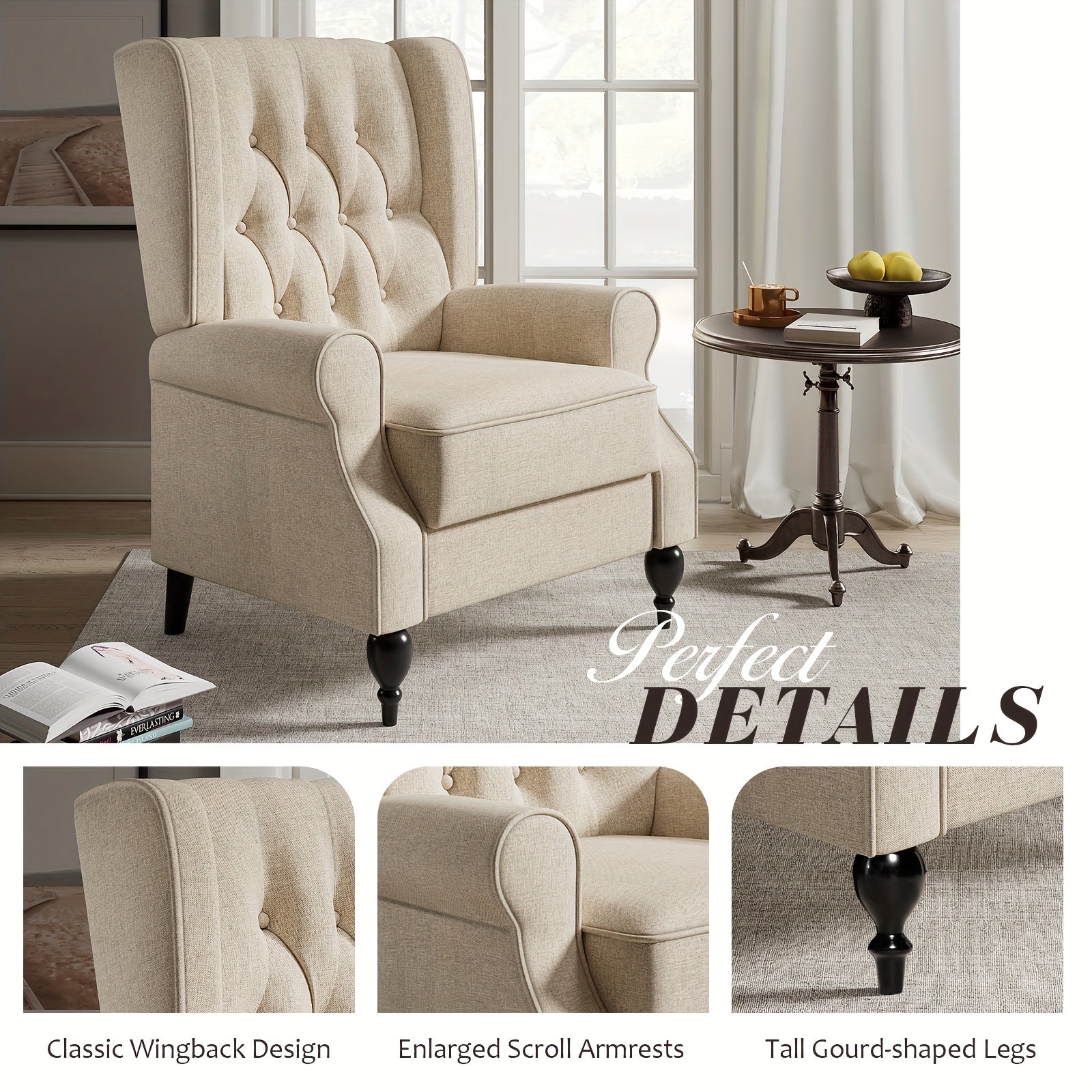 1pc Traditional Beige Tufted Wingback Recliner Chair