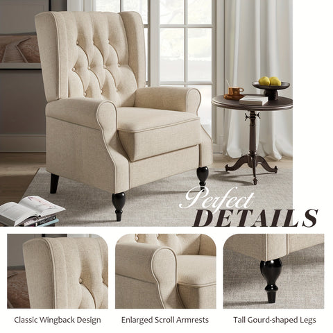 1pc Traditional Beige Tufted Wingback Recliner Chair