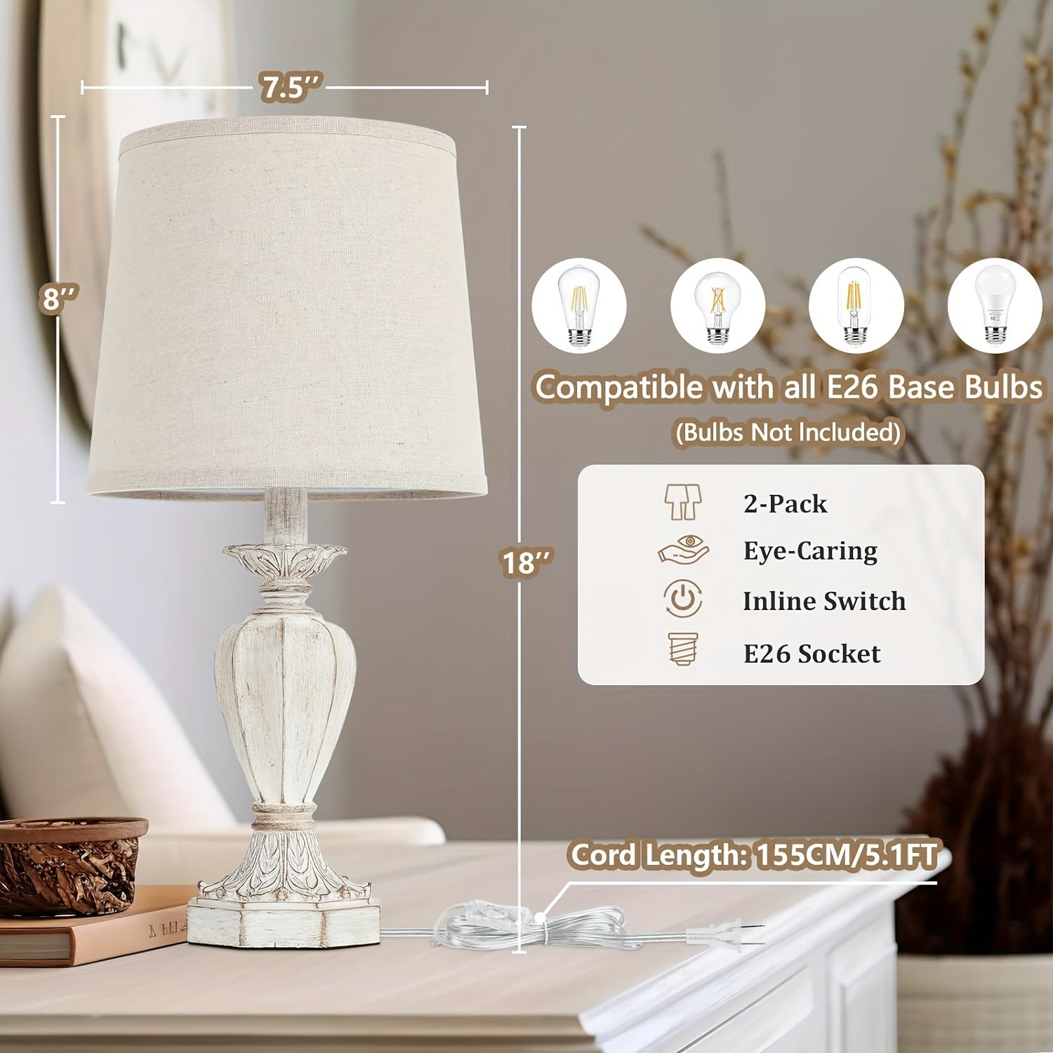 Rustic White 19in Set OF 2 Table Lamps