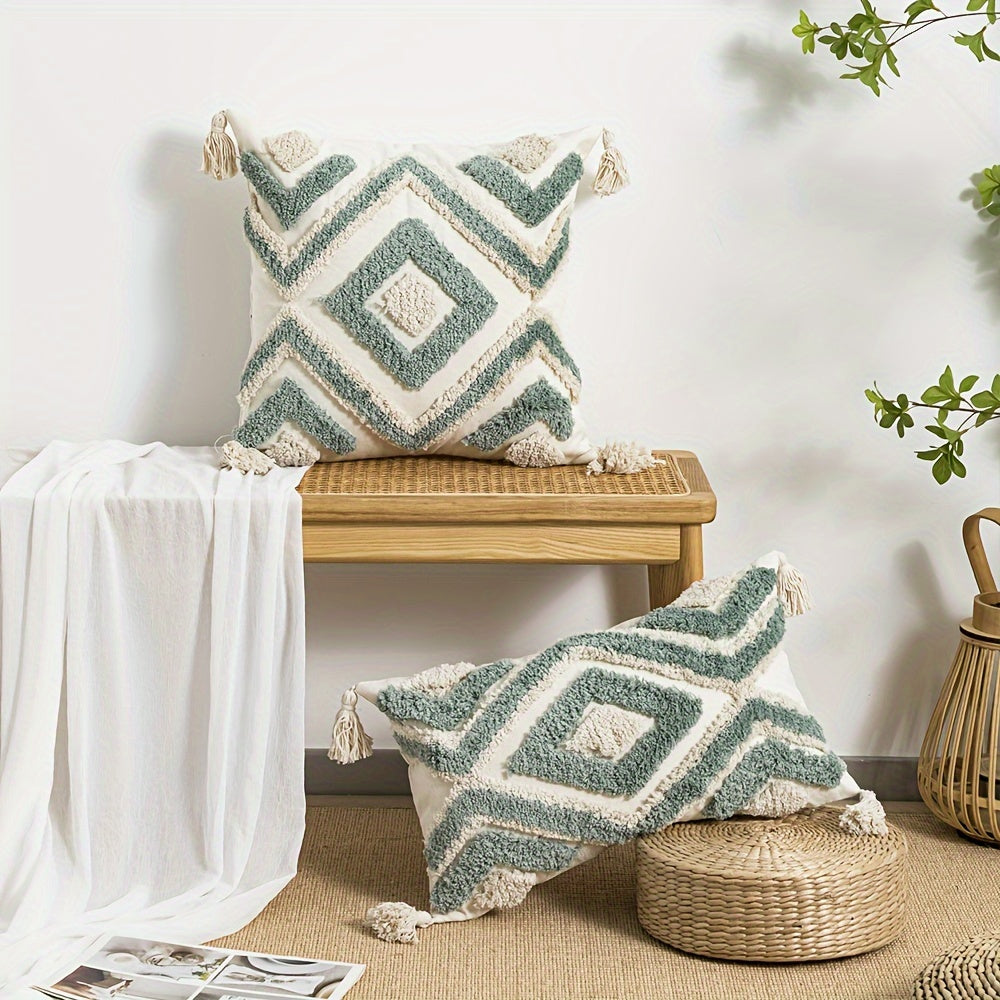 1 Vintage-Inspired Orange & White Geometric Tufted Pillow Cover