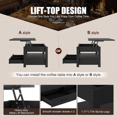 Coffee Table, 47.2" Lift Top Coffee Table with Drawers and Hidden Compartment