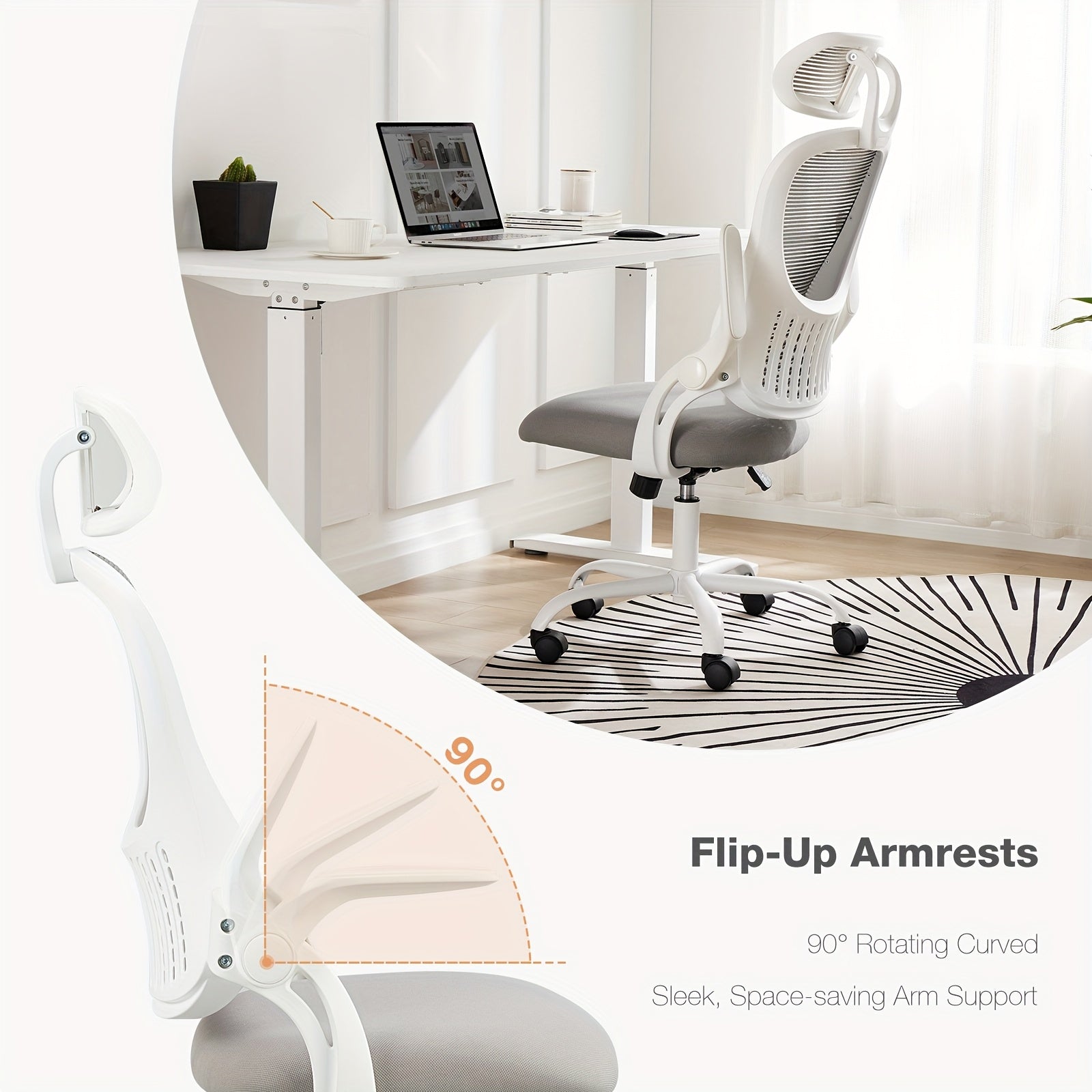 OLIXIS Ergonomic Office Desk Computer Chair, High Back Comfy Swivel Home Gaming Mesh Chairs with Wheels, Adjustable Headrest, Comfortable Lumbar Support, Flip-up Arms, 144° Tilt for Study