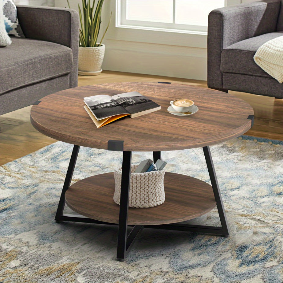 1pc Round Coffee Table With 2-Tier Storage Shelves