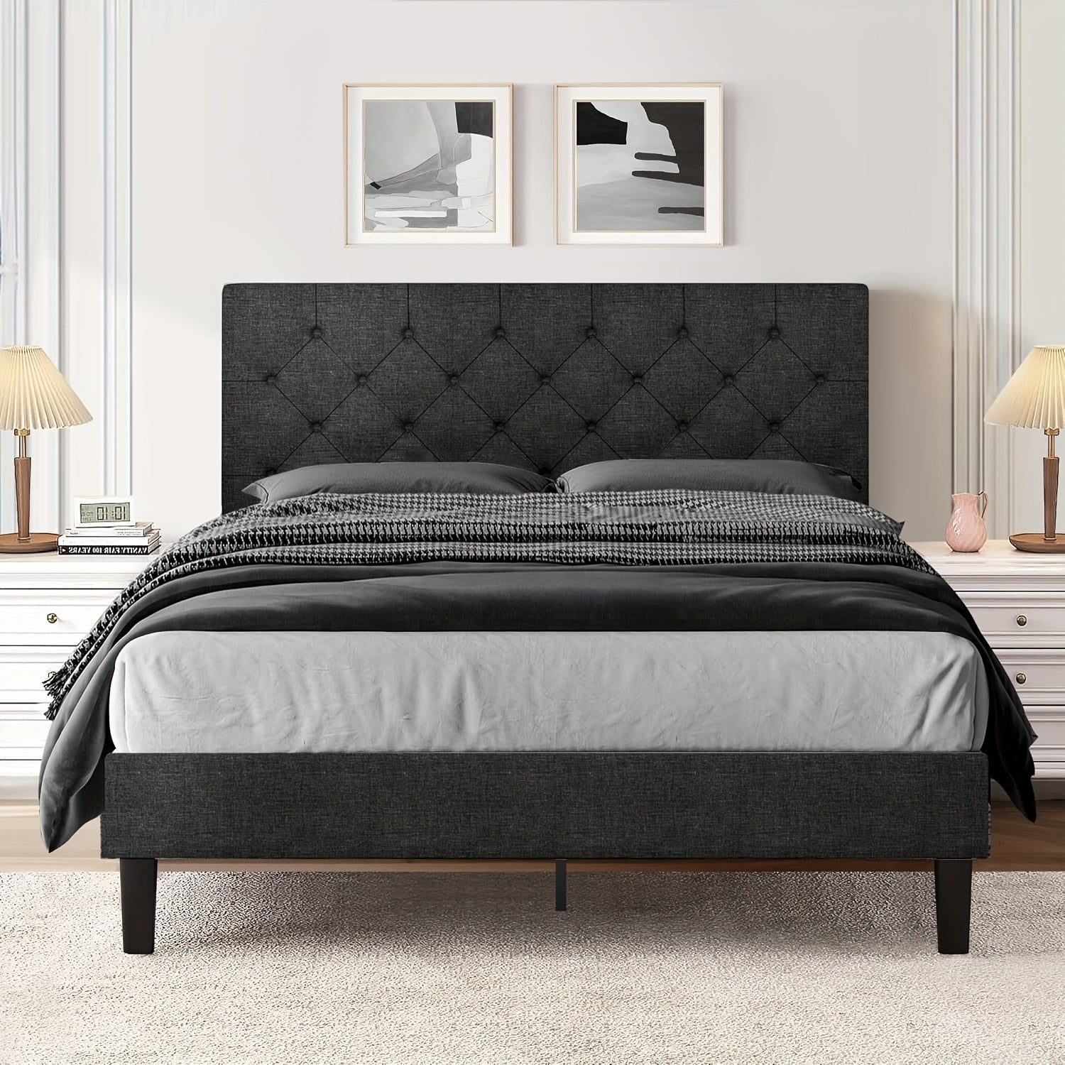 Elegant Grey Linen Upholstered Bed Frame with Tufted Headboard