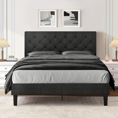 Elegant Grey Linen Upholstered Bed Frame with Tufted Headboard