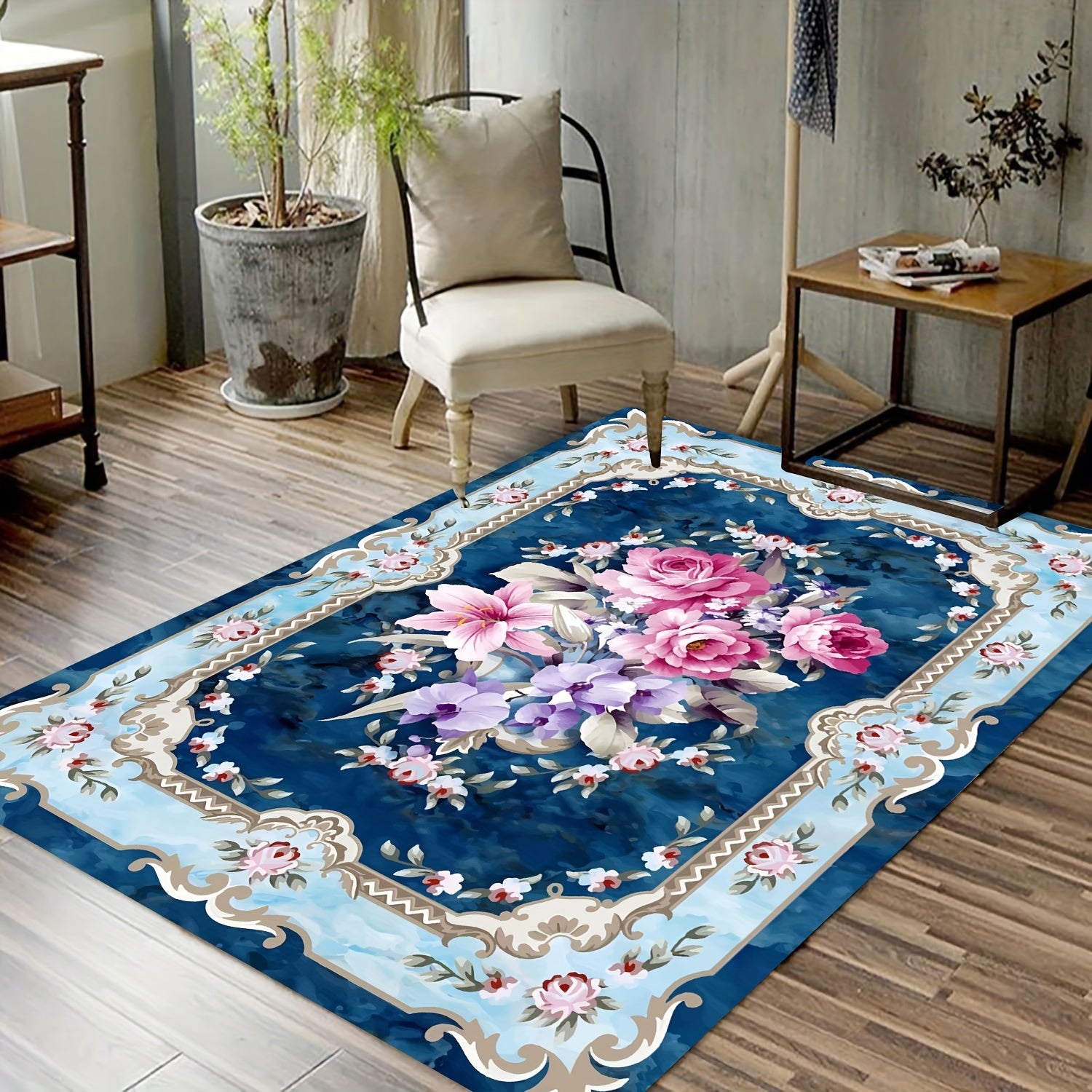 1pc Persian Floral Print Area Rug -