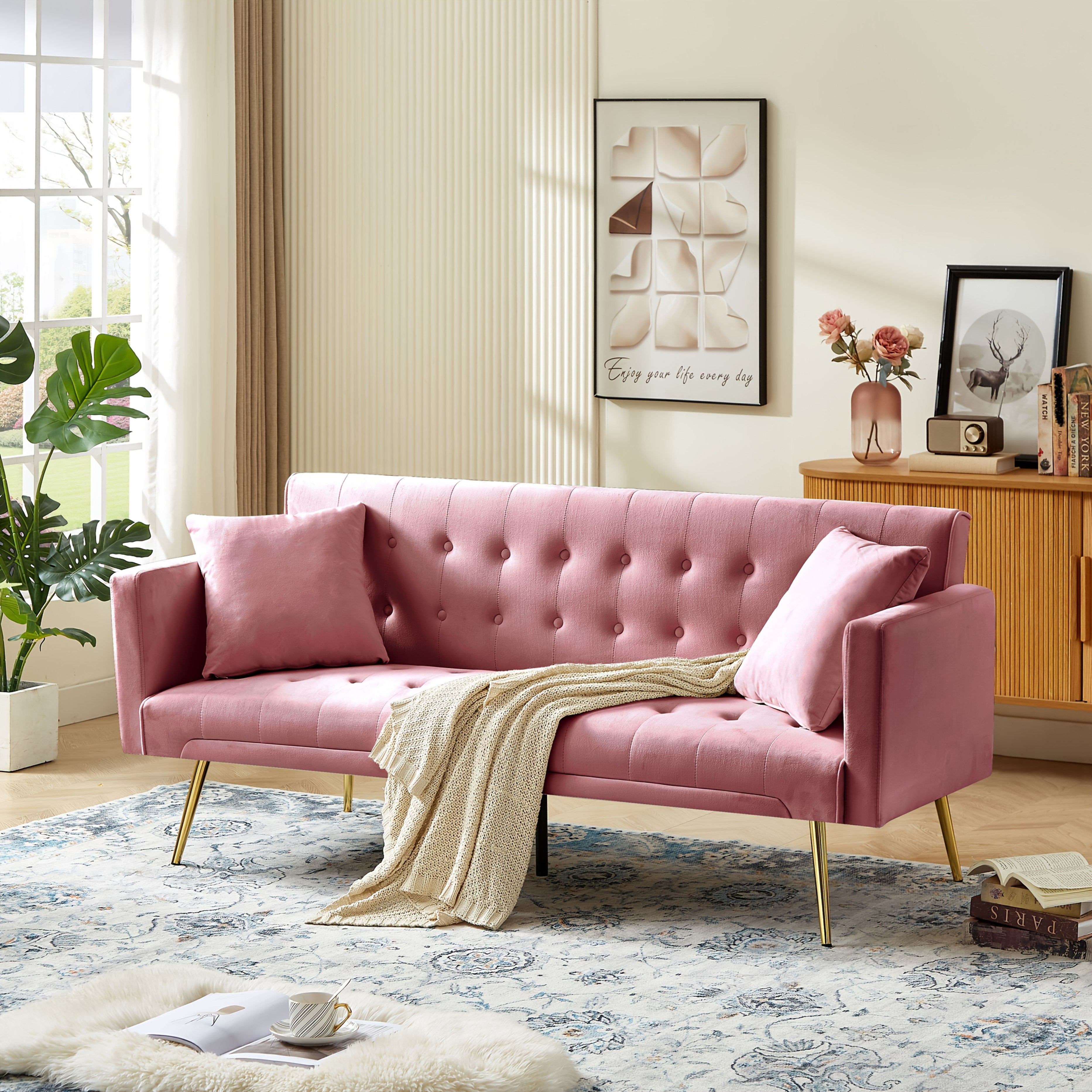 Velvet Convertible Sofa Bed with Metal Frame