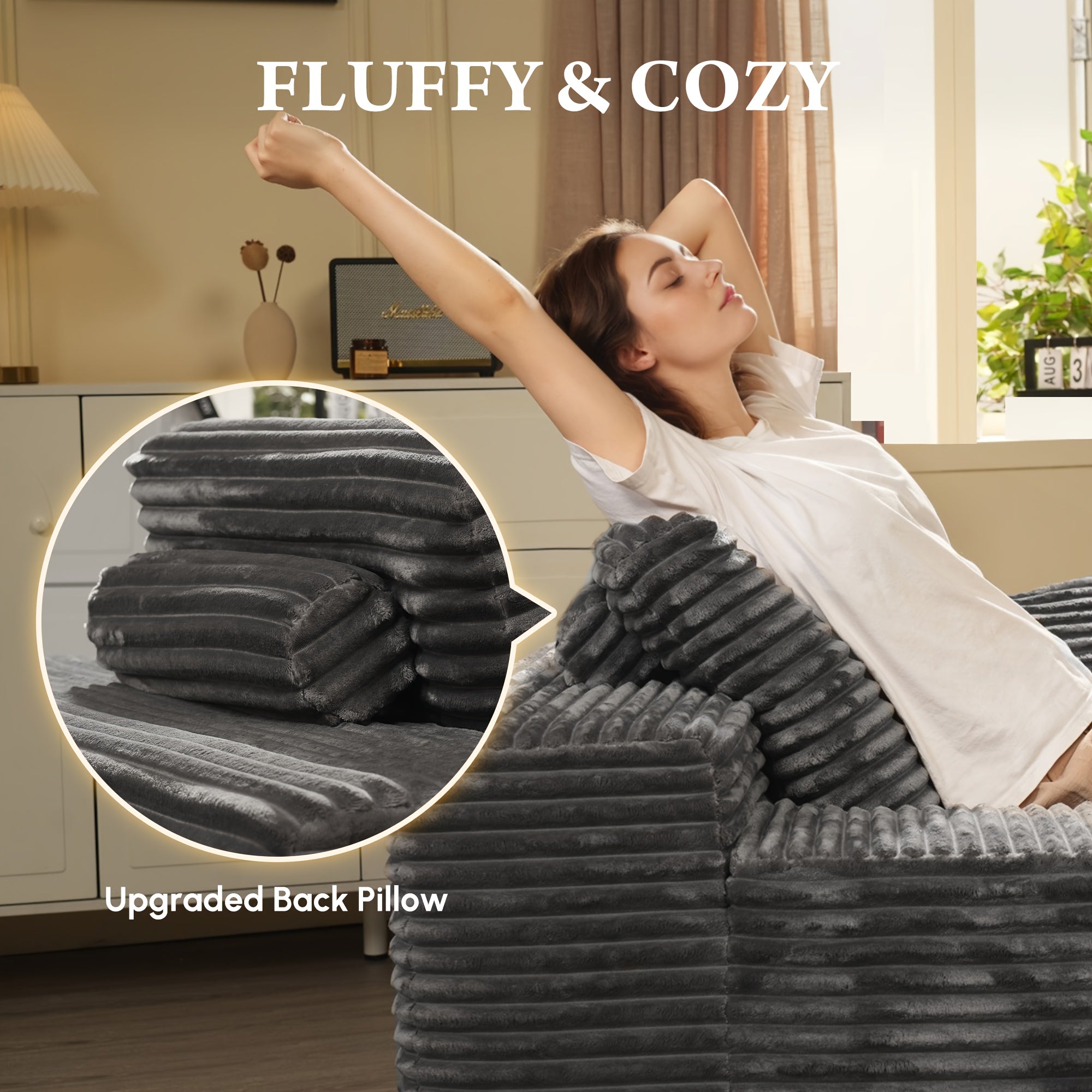 Large Corduroy Floor Sofa with Pillows