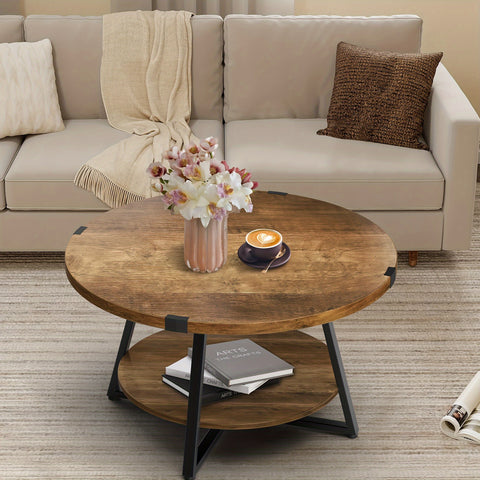 1pc Round Coffee Table With 2-Tier Storage Shelves