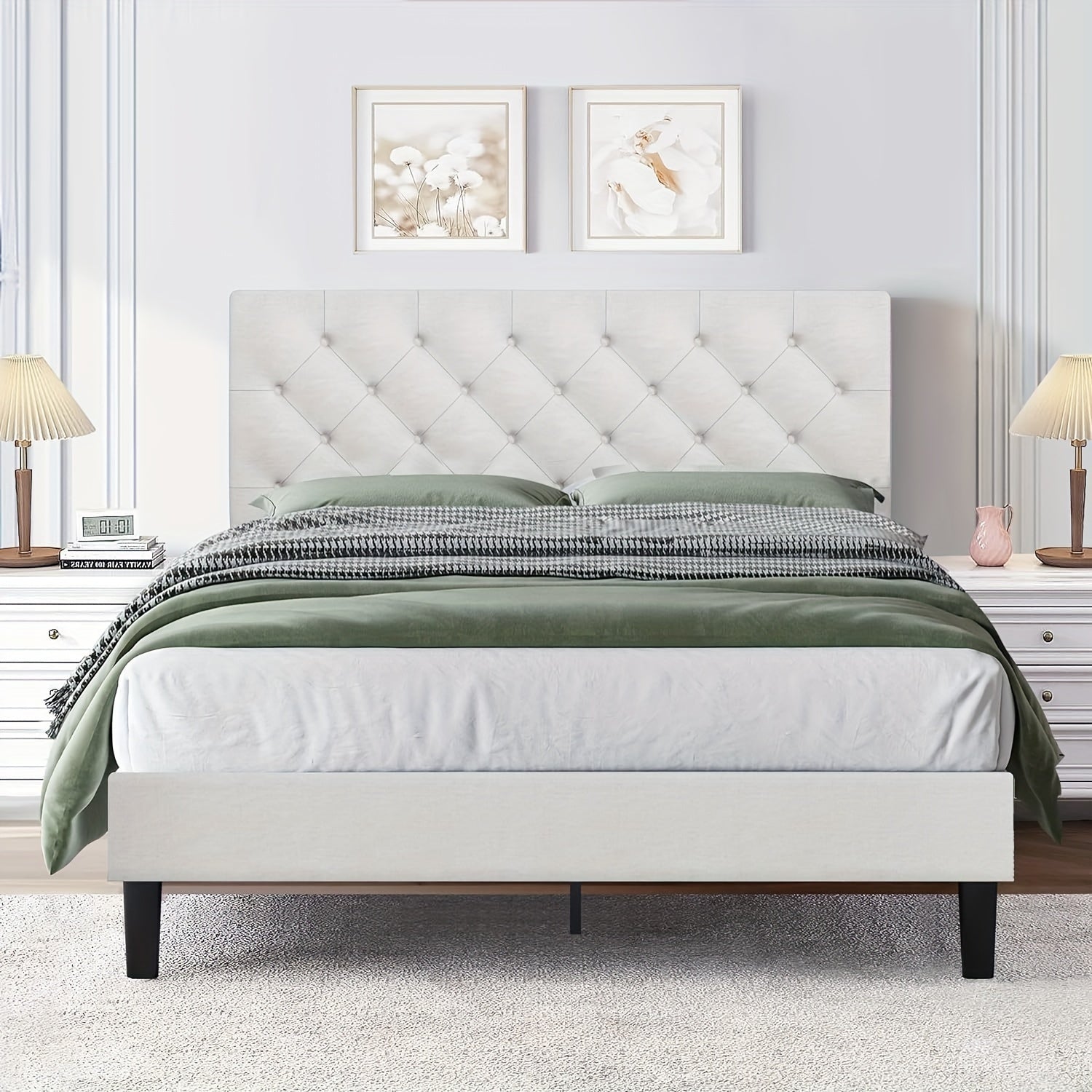 Elegant Grey Linen Upholstered Bed Frame with Tufted Headboard