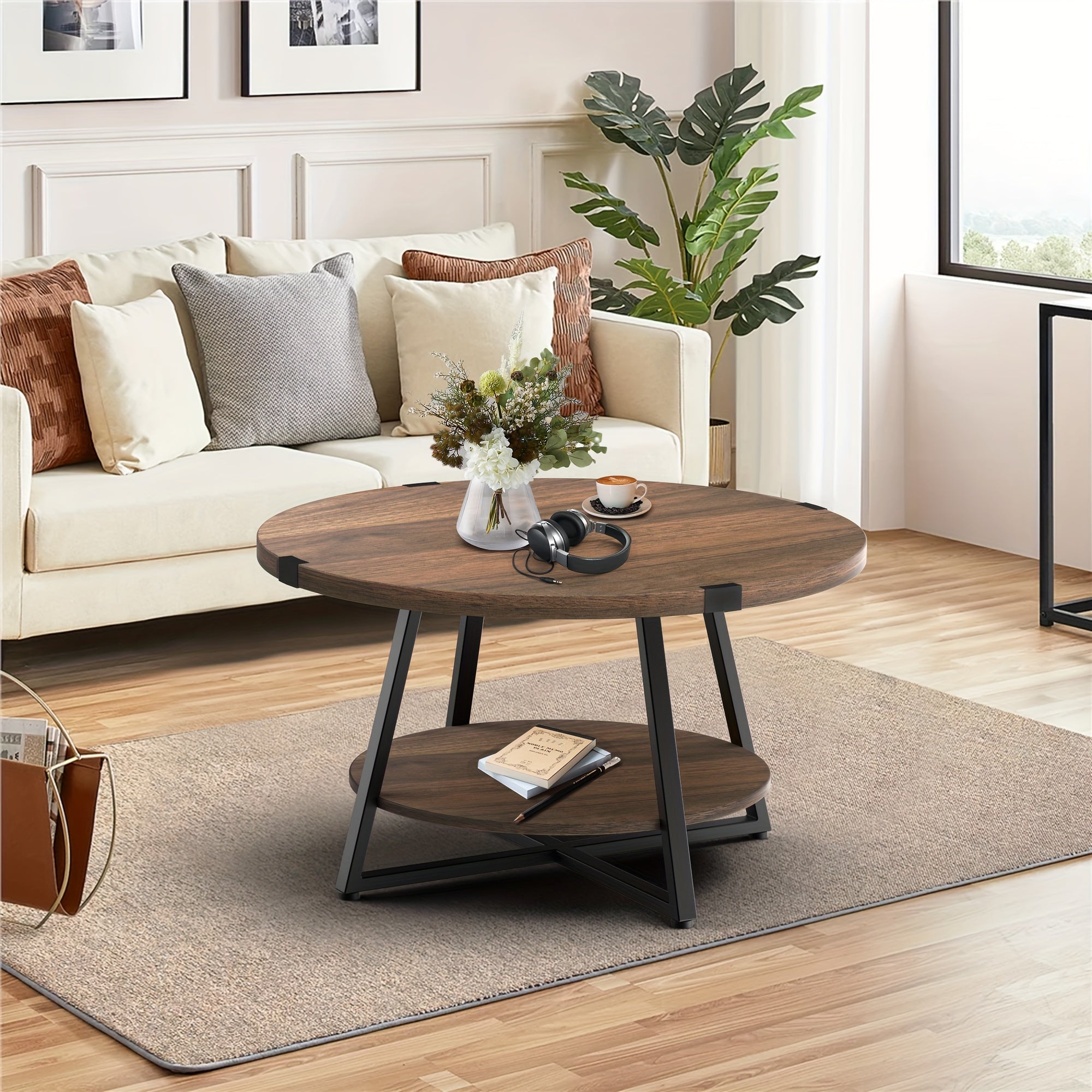 1pc Round Coffee Table With 2-Tier Storage Shelves