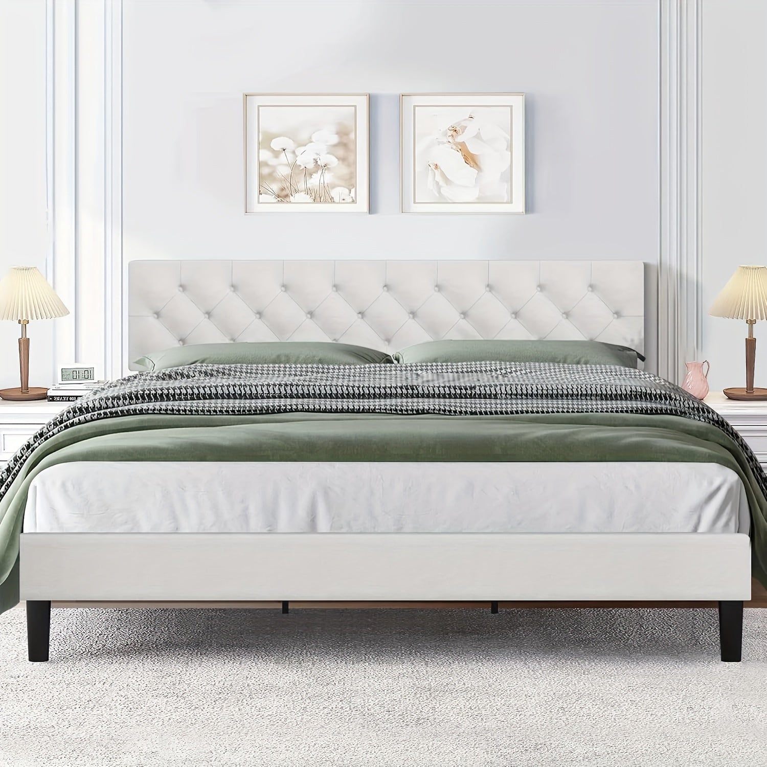 Elegant Grey Linen Upholstered Bed Frame with Tufted Headboard