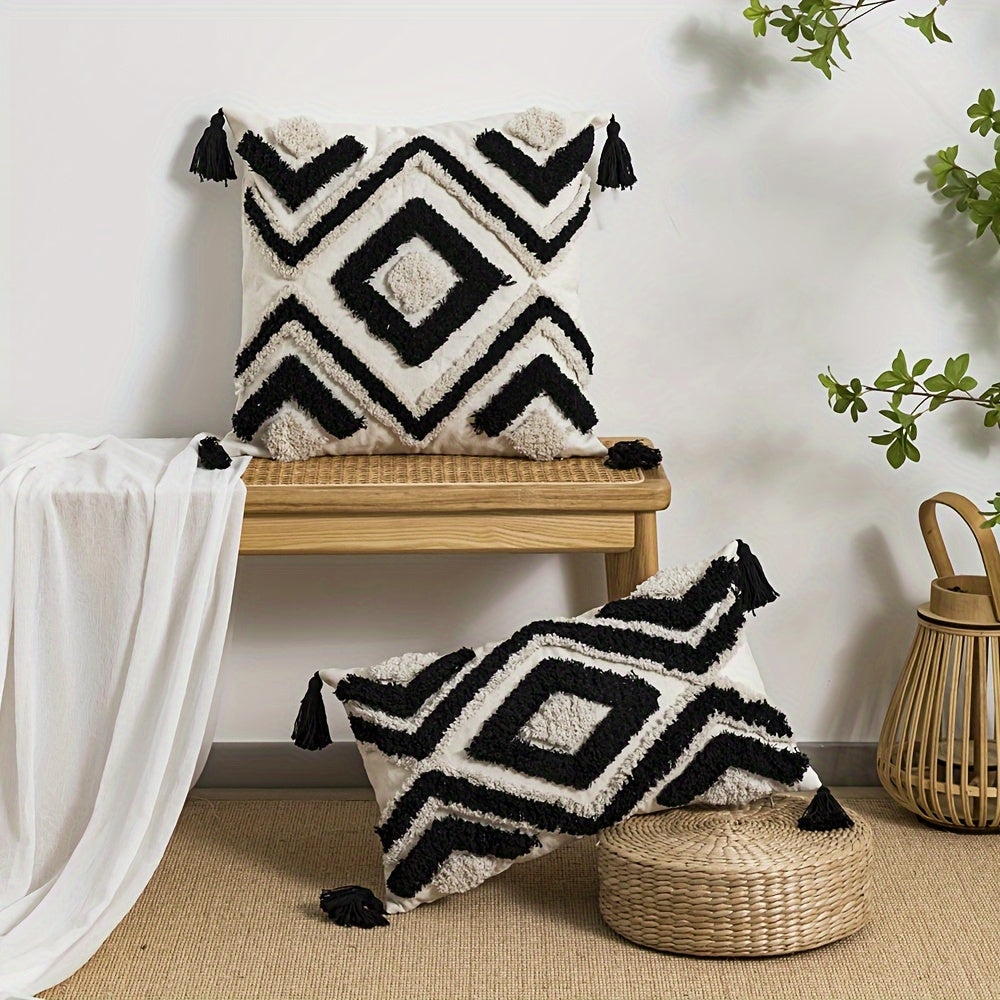 1 Vintage-Inspired Orange & White Geometric Tufted Pillow Cover