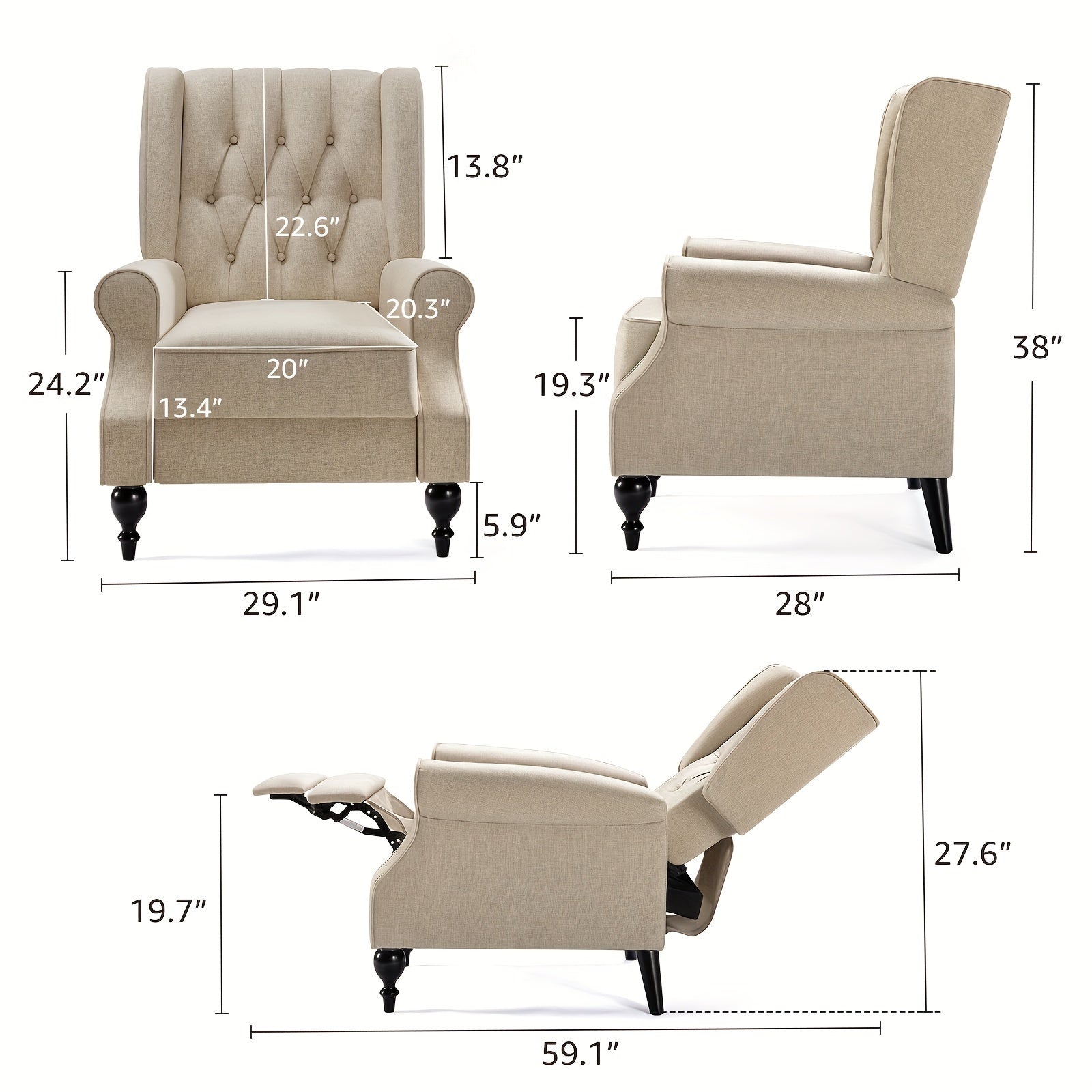 1pc Traditional Beige Tufted Wingback Recliner Chair