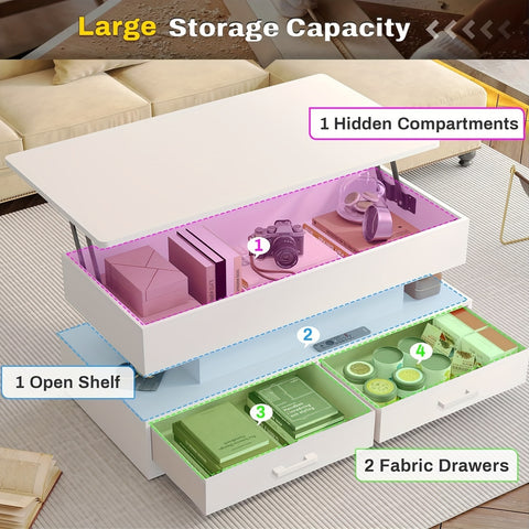 40" Lift Top Coffee Table With Storage And LED Light