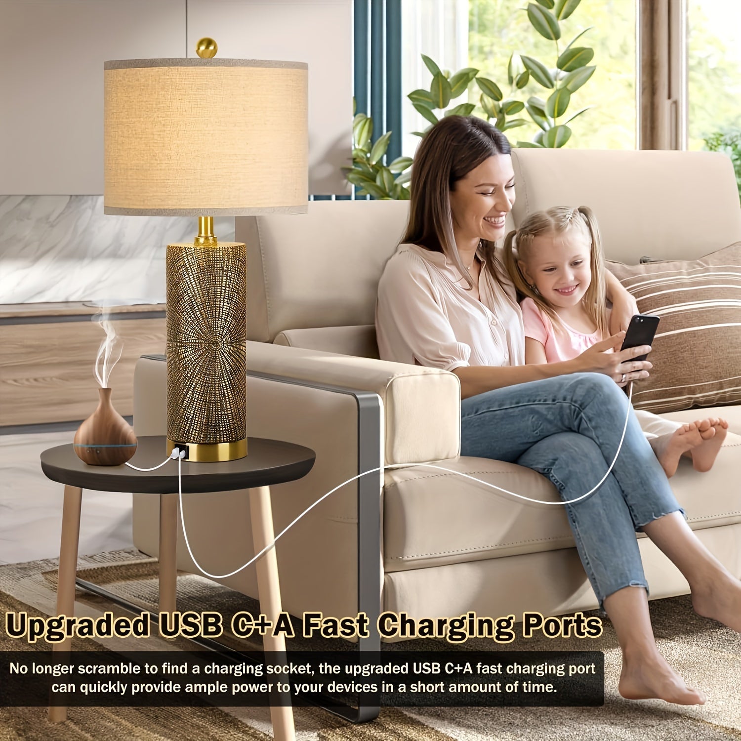 Set of 2 Table Lamps with USB A+C