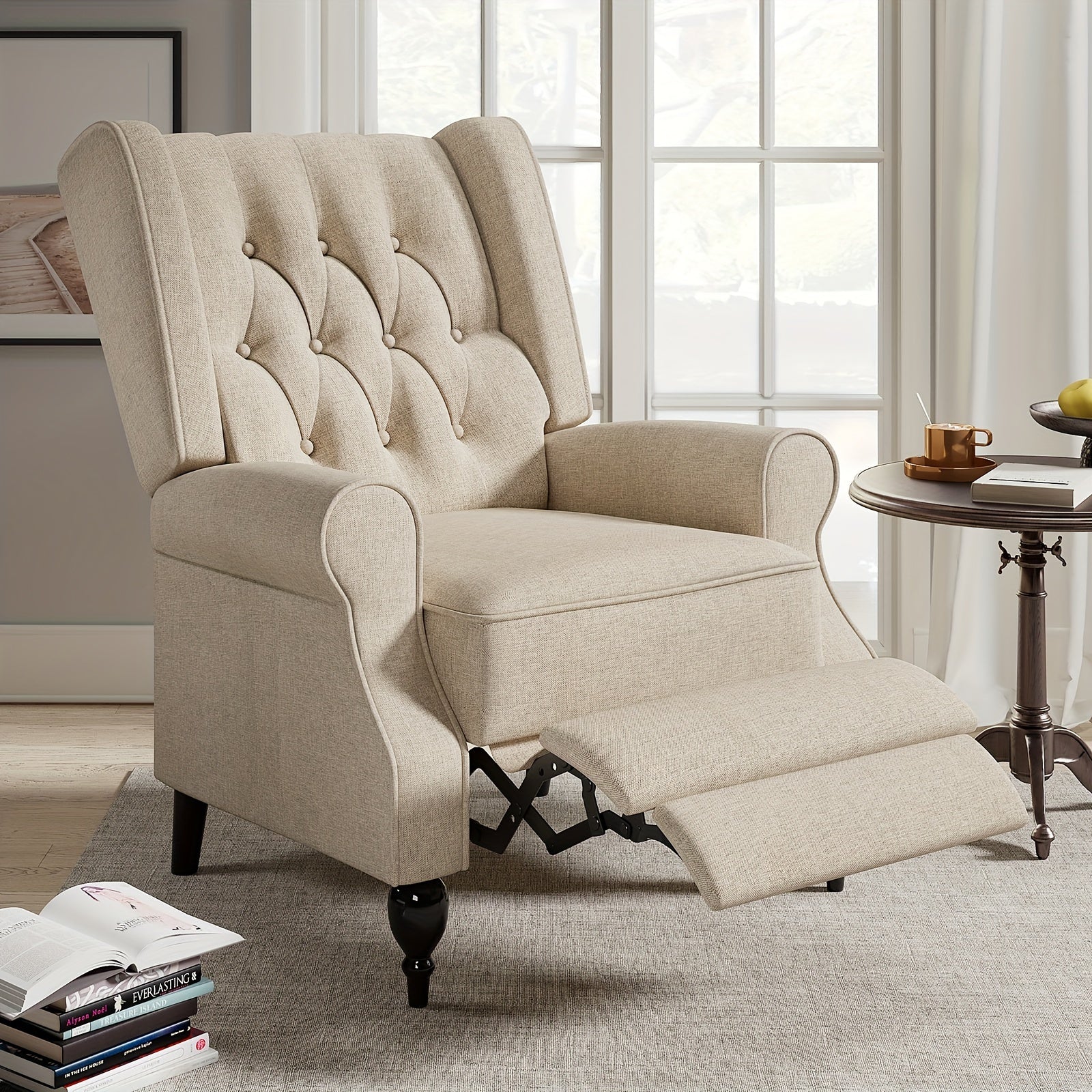 1pc Traditional Beige Tufted Wingback Recliner Chair