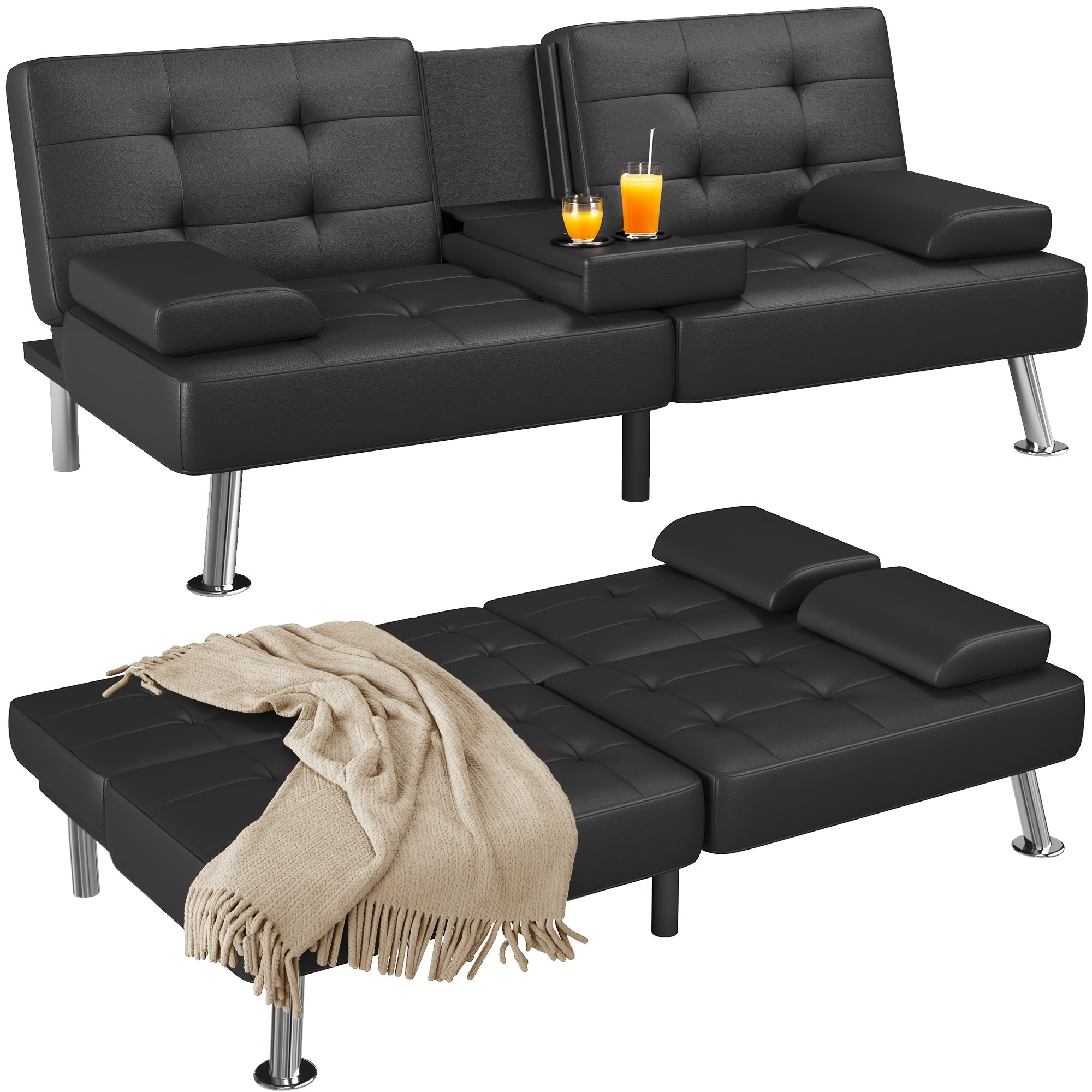 66'' Wide Faux Leather Convertible Upholstered Reclining Sofa Couch With Cup Holder