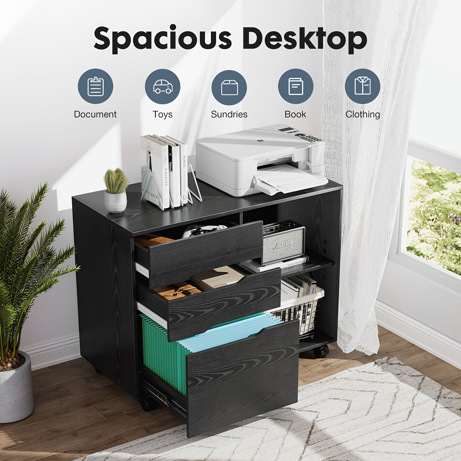 [Small Space Lateral Storage Shelves] 3 Drawer File Cabinet Mobile Lateral Printer Stand with Adjustable Storage Shelves for Home Office Small Space