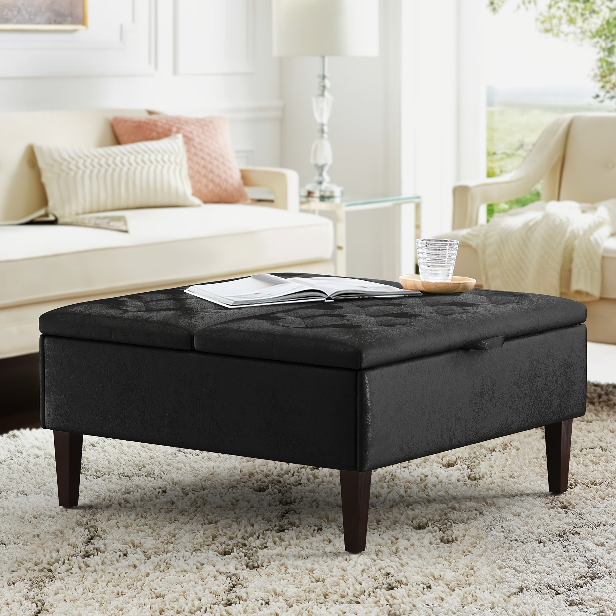 Spacious 36" Faux Leather Storage Ottoman Coffee Table