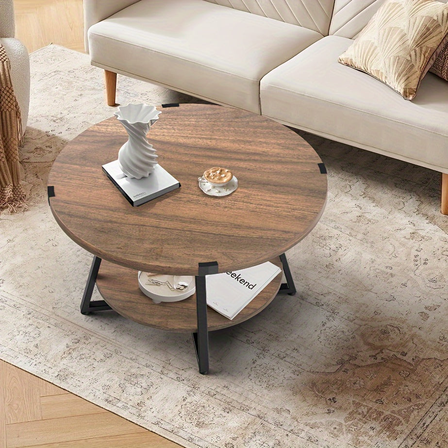 1pc Round Coffee Table With 2-Tier Storage Shelves