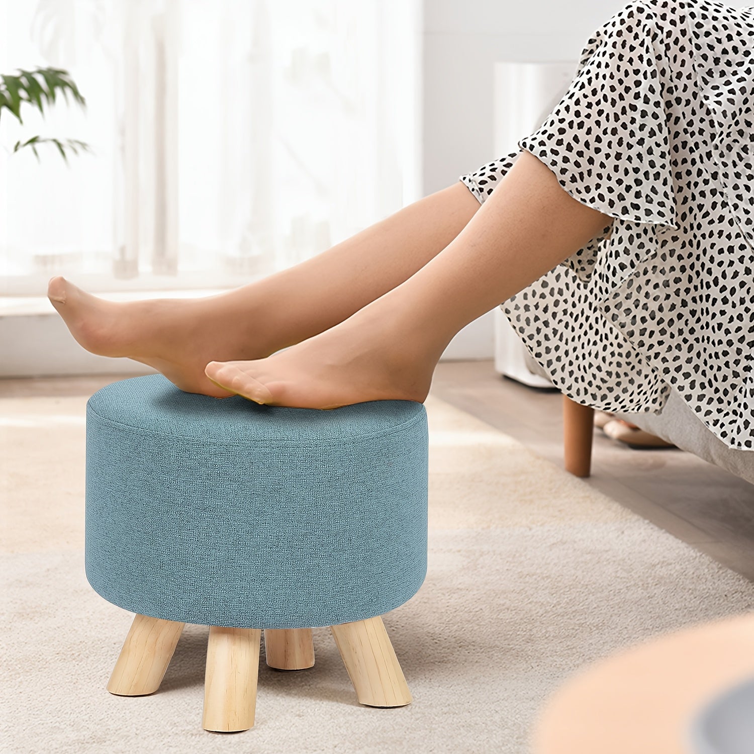 Modern Round Linen Ottoman Foot Rest Stool